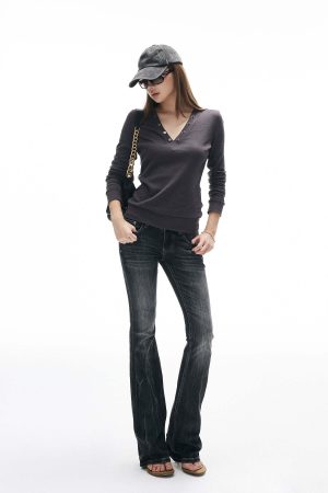 IAMXIAA V-Neck Long Sleeve Top with Button Detail