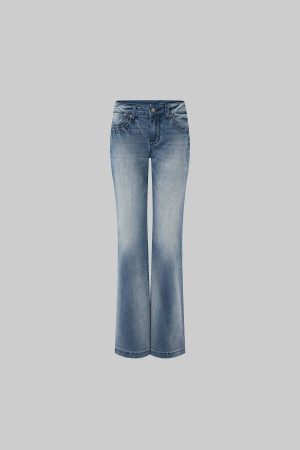 IAMXIAA Vintage Washed Flare Jeans Low Waist Denim with Retro Y2K Street Style