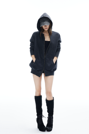 IAMXIAA Washed Zip Up Hoodie Jacket with Oversized Fit