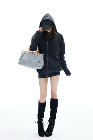 IAMXIAA Washed Zip Up Hoodie Jacket with Oversized Fit