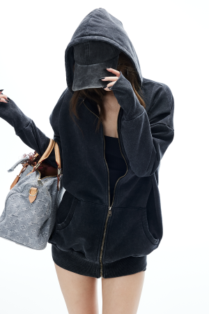 IAMXIAA Washed Zip Up Hoodie Jacket with Oversized Fit