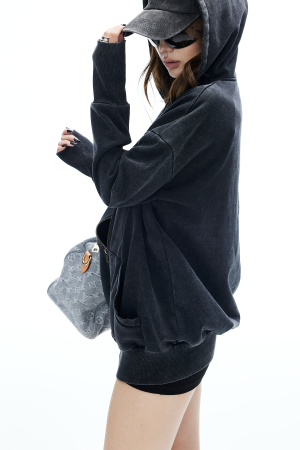 IAMXIAA Washed Zip Up Hoodie Jacket with Oversized Fit