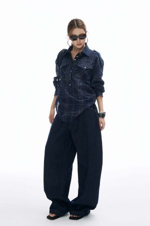 IAMXIAA Wide Leg Denim Jeans High Rise Button Fly Dark Wash Streetwear Style