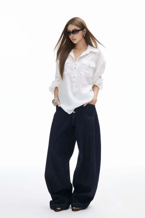 IAMXIAA Wide Leg Denim Jeans High Rise Button Fly Dark Wash Streetwear Style