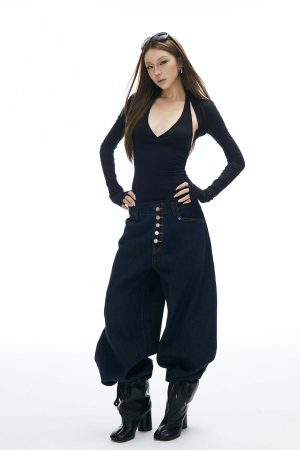 IAMXIAA Wide Leg Denim Jeans High Rise Button Fly Dark Wash Streetwear Style