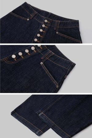 IAMXIAA Wide Leg Denim Jeans High Rise Button Fly Dark Wash Streetwear Style