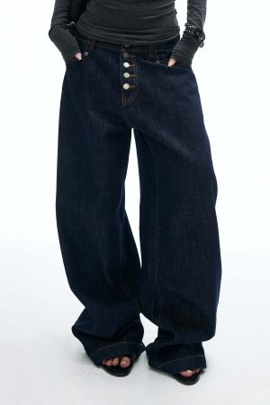 IAMXIAA Wide Leg Denim Jeans High Rise Button Fly Dark Wash Streetwear Style