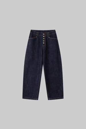 IAMXIAA Wide Leg Denim Jeans High Rise Button Fly Dark Wash Streetwear Style