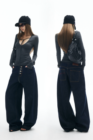 IAMXIAA Wide Leg Denim Jeans High Rise Button Fly Dark Wash Streetwear Style
