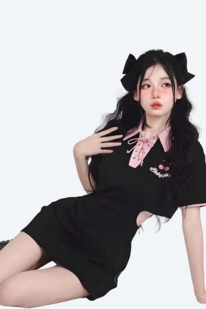 Kawaii Cherry Cut Out Mini Polo Dress
