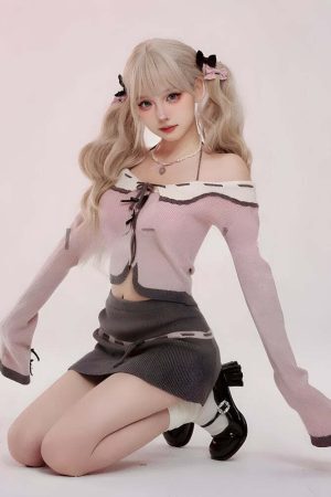 Kawaii Corduroy Knitted Two Piece Set