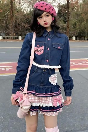 Kawaii Layered Denim Mini Skirt