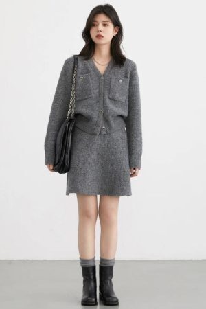 Knitted Button-Up Cardigan & Mini Skirt Two Piece Set