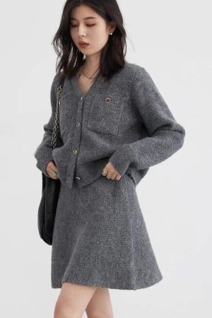 Knitted Button-Up Cardigan & Mini Skirt Two Piece Set