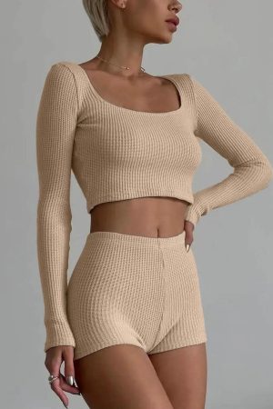 Knitted Crop Top & Shorts Two Piece Set