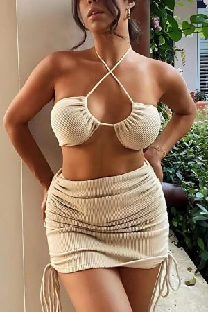 Knitted Drawstring Crop Top & Mini Skirt Two Piece Set