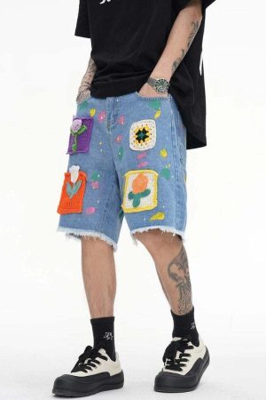 Knitted Flower Patch Denim Shorts