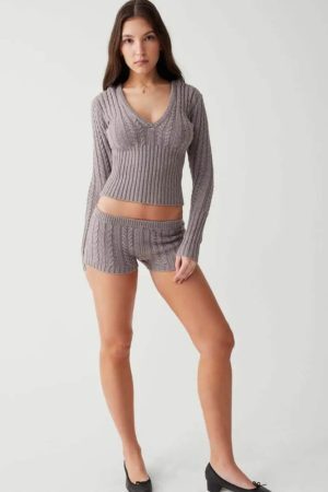 Knitted Hoodie & Shorts Two Piece Set