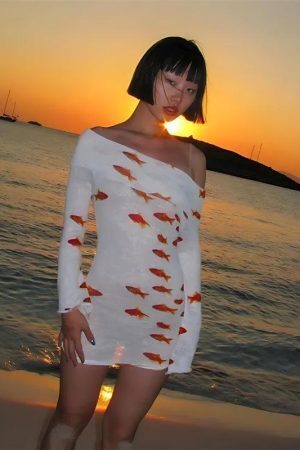 Koi Fish Printed Mesh Mini Dress