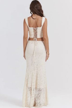 Lace Corset & Asymmetric Midi Skirt Two Piece Set