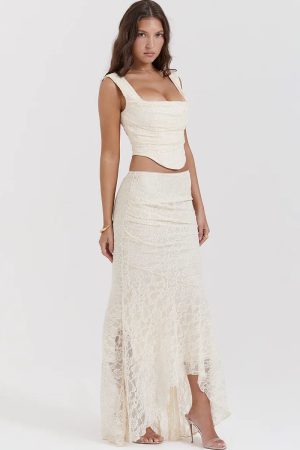 Lace Corset & Asymmetric Midi Skirt Two Piece Set