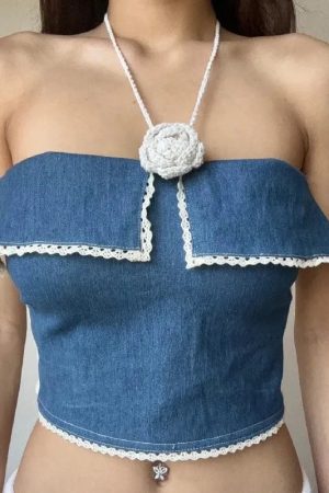 Lace Trim Denim Tube Top