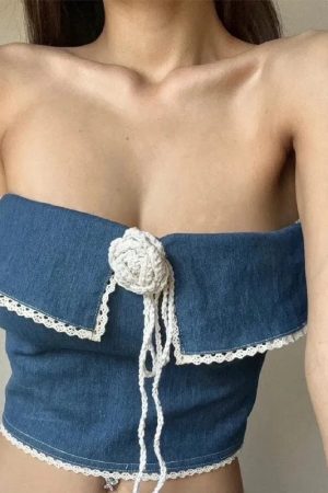 Lace Trim Denim Tube Top