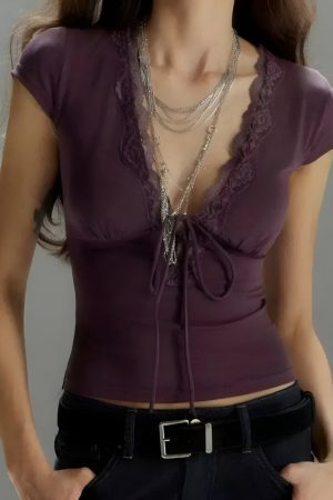 Lace Trim Tie Front Top
