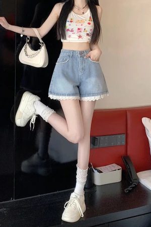 Lace Wide Leg Denim Shorts