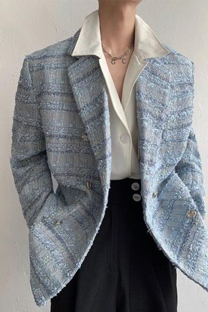 Lapel Collar Blue Tweed Blazer