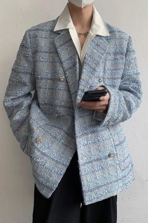 Lapel Collar Blue Tweed Blazer