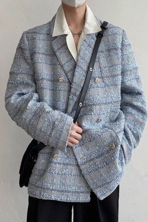 Lapel Collar Blue Tweed Blazer