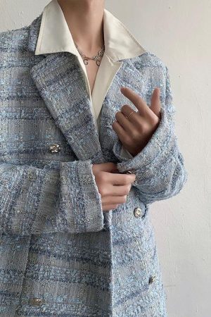 Lapel Collar Blue Tweed Blazer