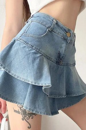 Layered Ruffled Denim Mini Skirt