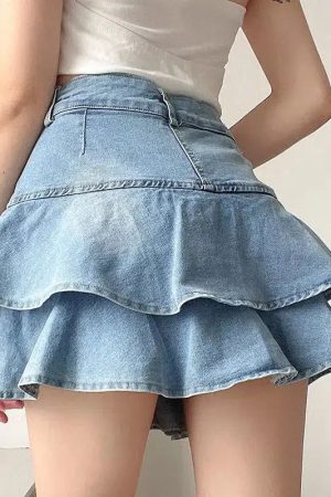 Layered Ruffled Denim Mini Skirt