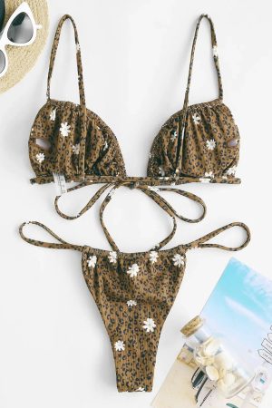 Leopard Daisy Drawstring Bikini Set