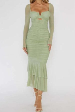 Mesh Ruched Bodycon Midi Dress