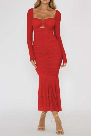 Mesh Ruched Bodycon Midi Dress