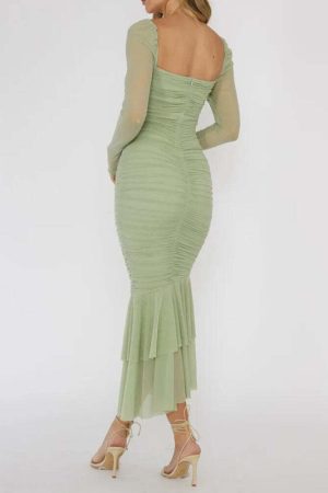 Mesh Ruched Bodycon Midi Dress