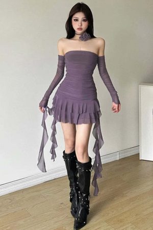 Mesh Ruffled Strapless Mini Dress