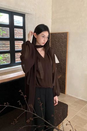 Neck Tie Sheer Mesh Blouse