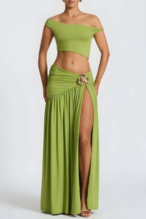 Off Shoulder Crop Top & Slit Maxi Dress Two Piece Set