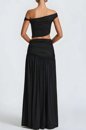 Off Shoulder Crop Top & Slit Maxi Dress Two Piece Set