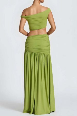 Off Shoulder Crop Top & Slit Maxi Dress Two Piece Set