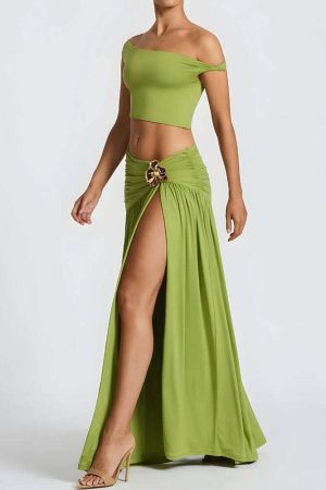 Off Shoulder Crop Top & Slit Maxi Dress Two Piece Set