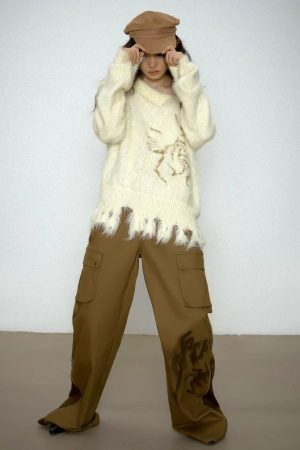 Off Shoulder Distressed Knit Sweater