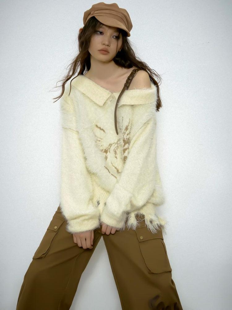 Off Shoulder Distressed Knit Sweater Off Shoulder Distressed Knit Sweater