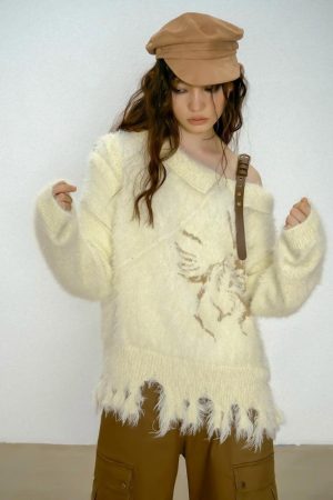 Off Shoulder Distressed Knit Sweater