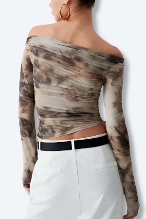 Off Shoulder Ruched Mesh Top