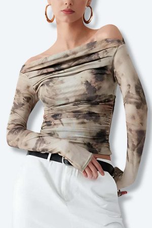 Off Shoulder Ruched Mesh Top